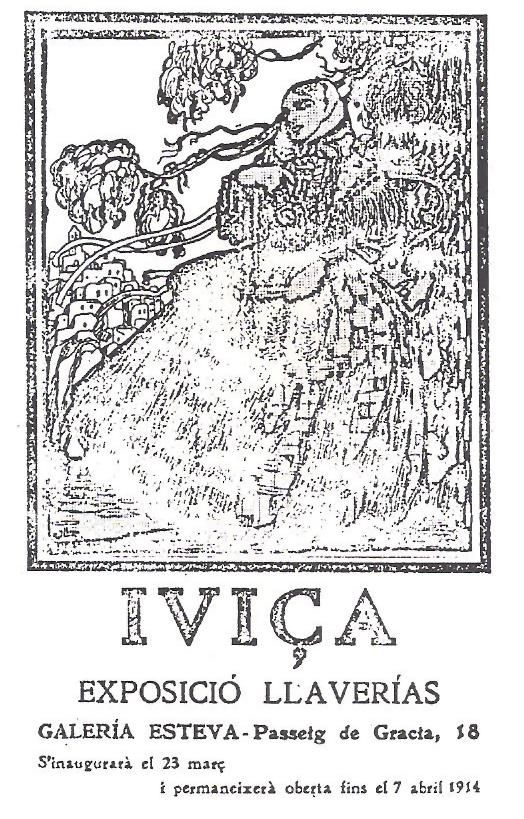 Cartell de l’exposició d’obra eivissenca de Joan Llaverias el 1914 a Barcelona.