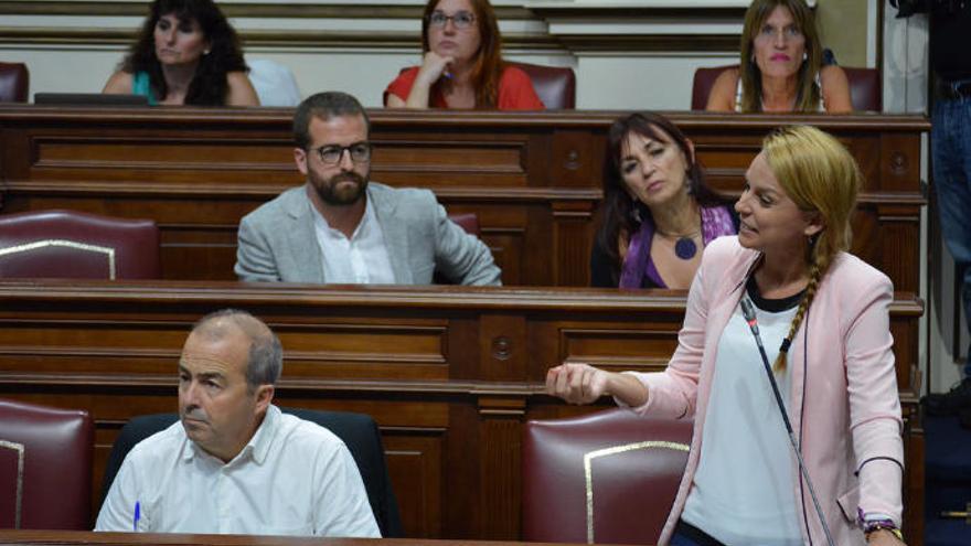 Noemí Santana, en un pleno del Parlamento, con Juan Márquez sentado detrás.