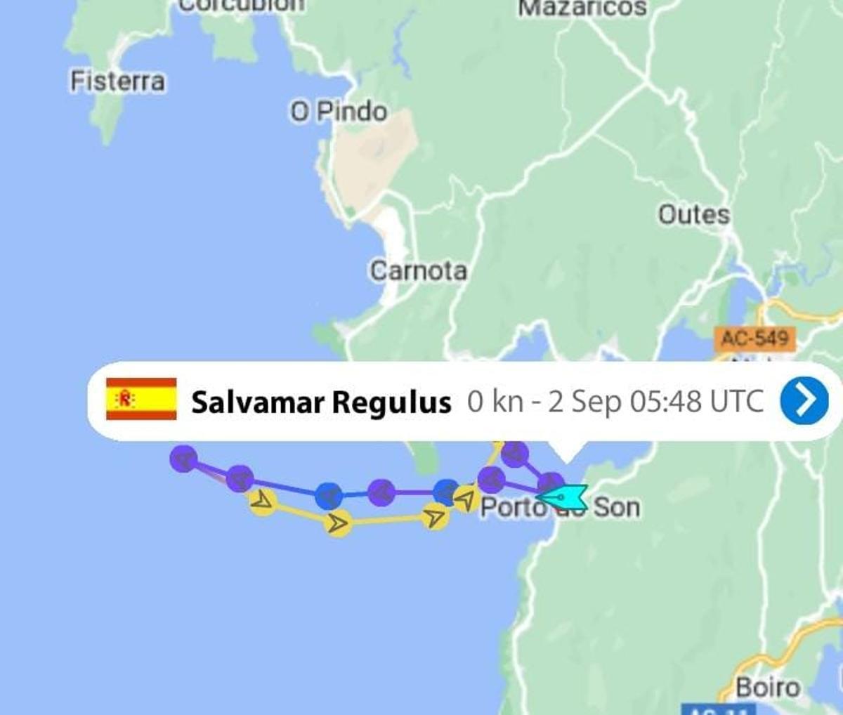 Zona donde se produjo el fatal encuentro del velero con las orcas y Salvamento Marítimo procedió a su asistencia