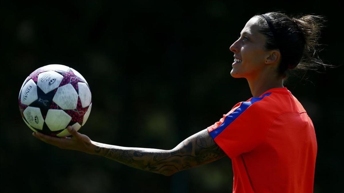 Jennifer Hermoso, delantera del Barcelona, en el entrenamiento previo al partido ante el PSG de la Champions femenina