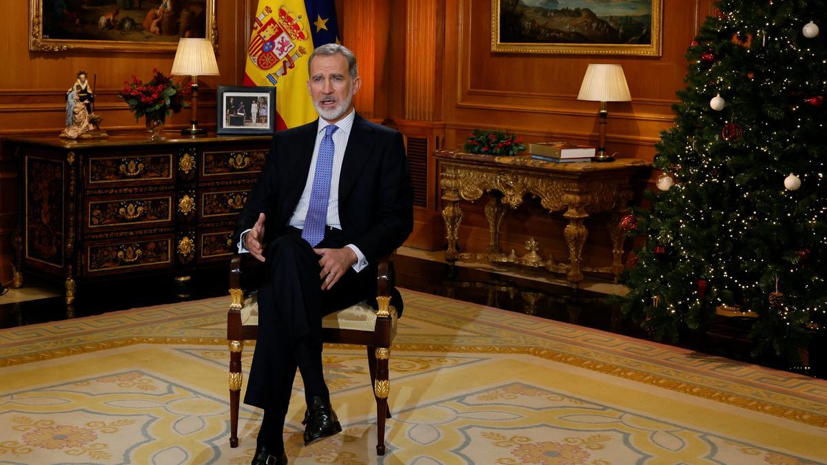 Spain's King Felipe VI delivers his traditional Christmas address at Zarzuela Palace in Madrid