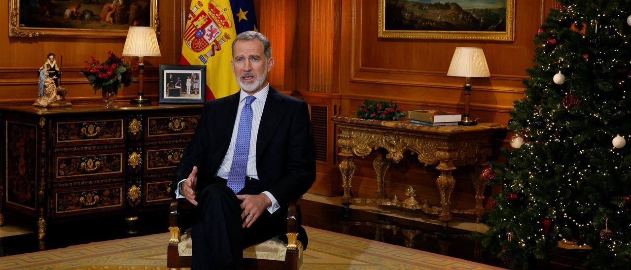 Spain's King Felipe VI delivers his traditional Christmas address at Zarzuela Palace in Madrid