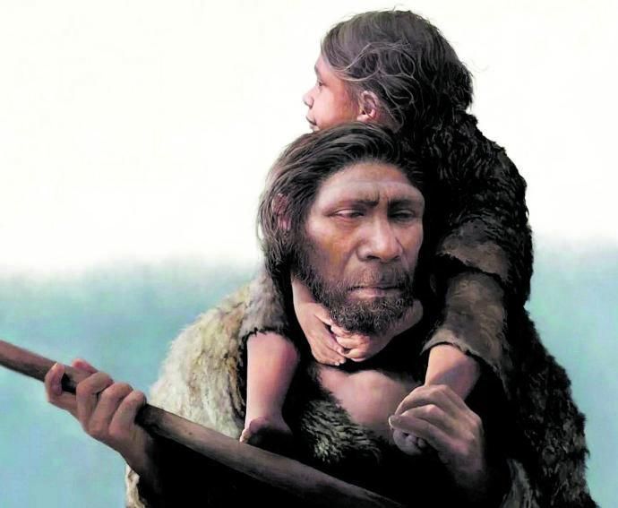 Dibujo de un adulto neandertal con un hijo a hombros. | // TOM BJORKLUND