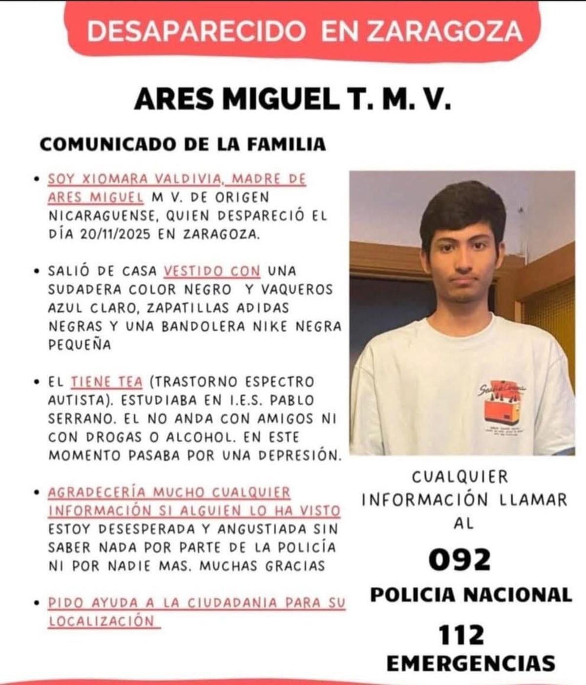 Cartel que la madre de Ares Miguel Tiziano difundió a través de sus redes sociales para dar con el paradero de este joven de 20 años.
