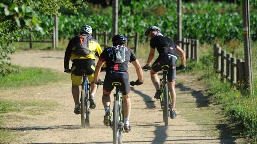 Varios deportistas, hoy, en la Ruta da Pedra e da Auga // I. Abella