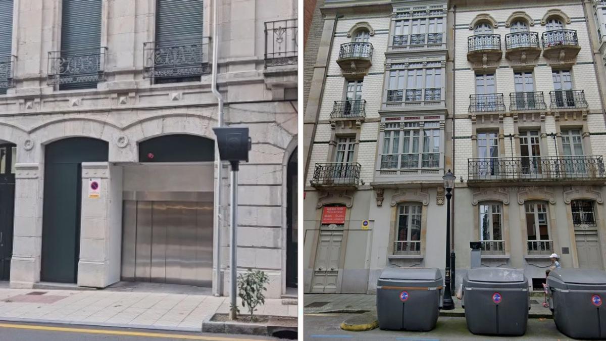 A la izquierda, la columna que se mueve en un edificio de Oviedo, y a la derecha, el garaje oculto tras una fachada en Gijón