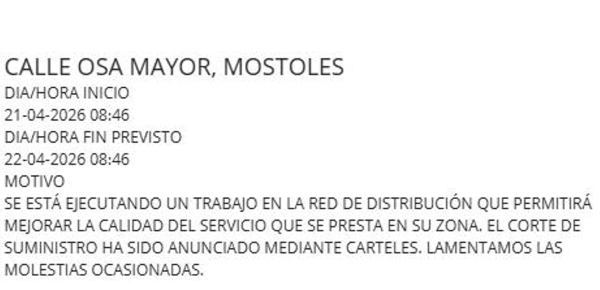 Aviso del Canal de Isabel II sobre el corte de agua en Móstoles