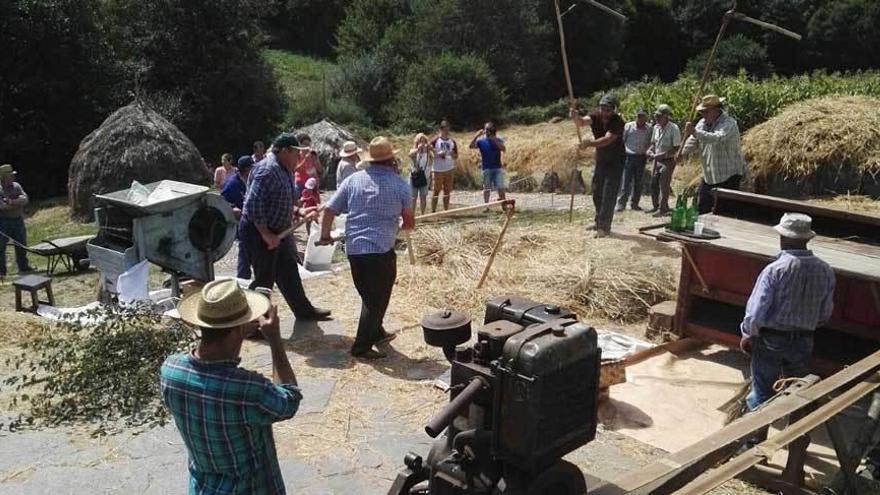 Los vecinos, durante la mallega del trigo.