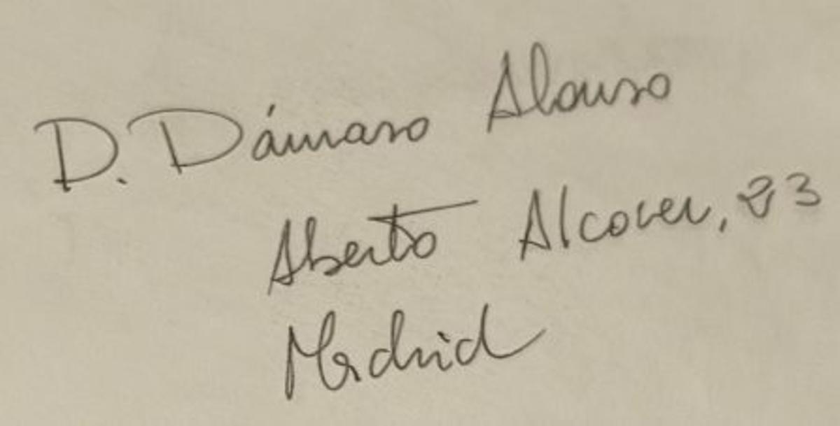 Dirección y remite de la carta enviada por Alfonso Frade a Dámaso Alonso.