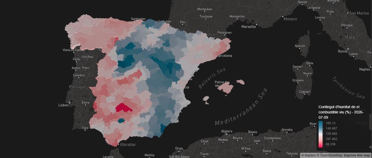 La nova eina del CREAF permet veure en temps real la humitat de la vegetació viva a Espanya.