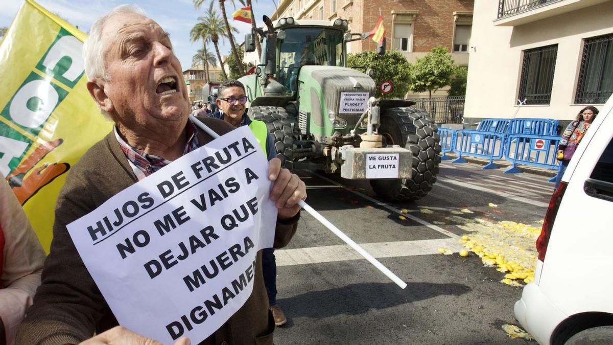 Los agricultores mostraron sus consignas en carteles durante el 21F en Murcia.