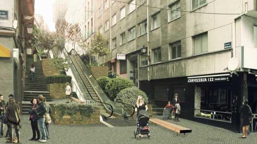 Recreación virtual de las escaleras mecánicas que el Ayuntamiento prevé instalar en Maestro Clavé. / l. o.