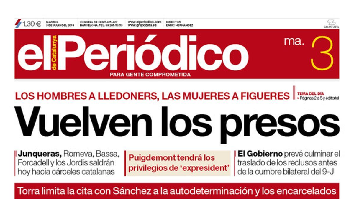 La portada de EL PERIÓDICO DE CATALUNYA del martes, 3 de julio del 2018.