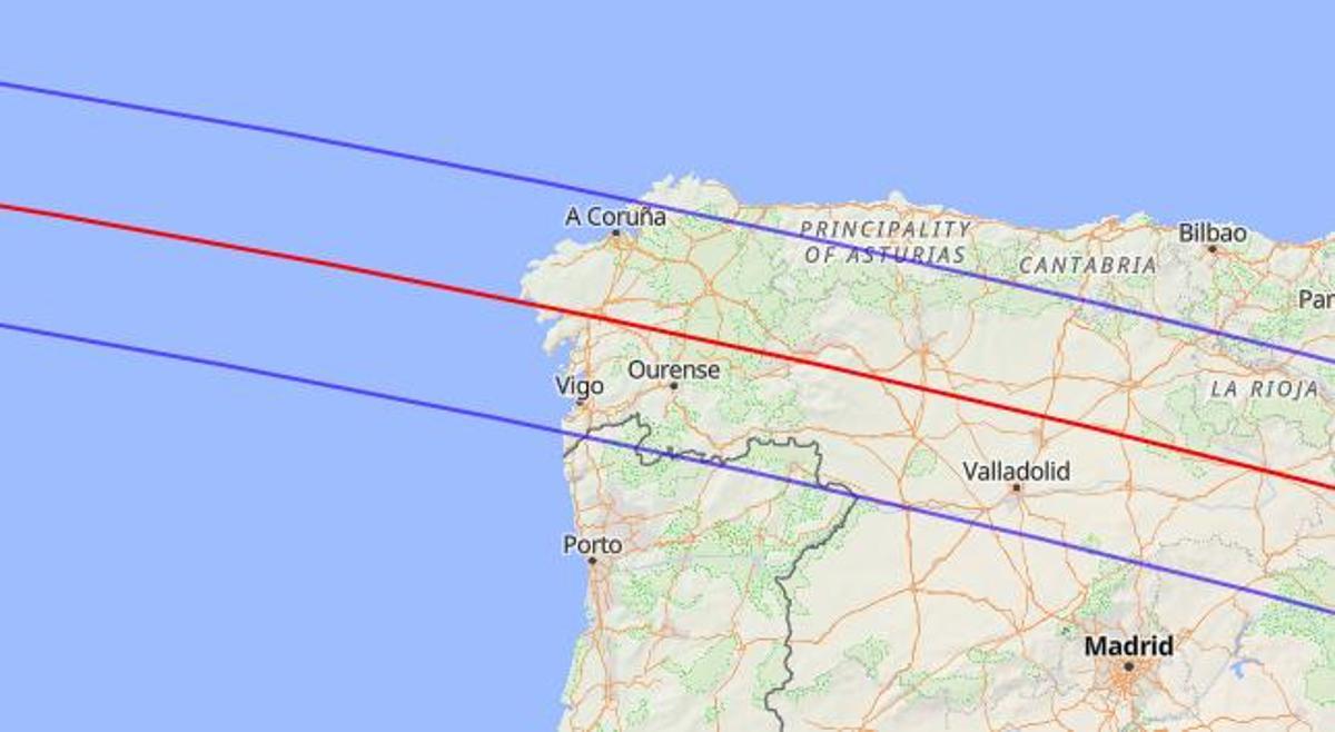 Franja en el que se vería el eclipse solar de 2480