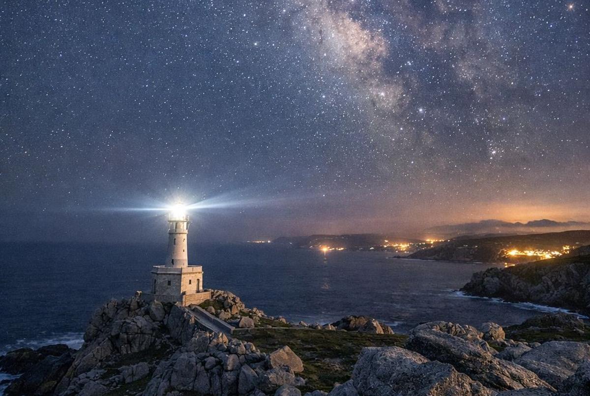 Vista do ceo nocturno dende o faro de Punta Nariga, en Malpica.
