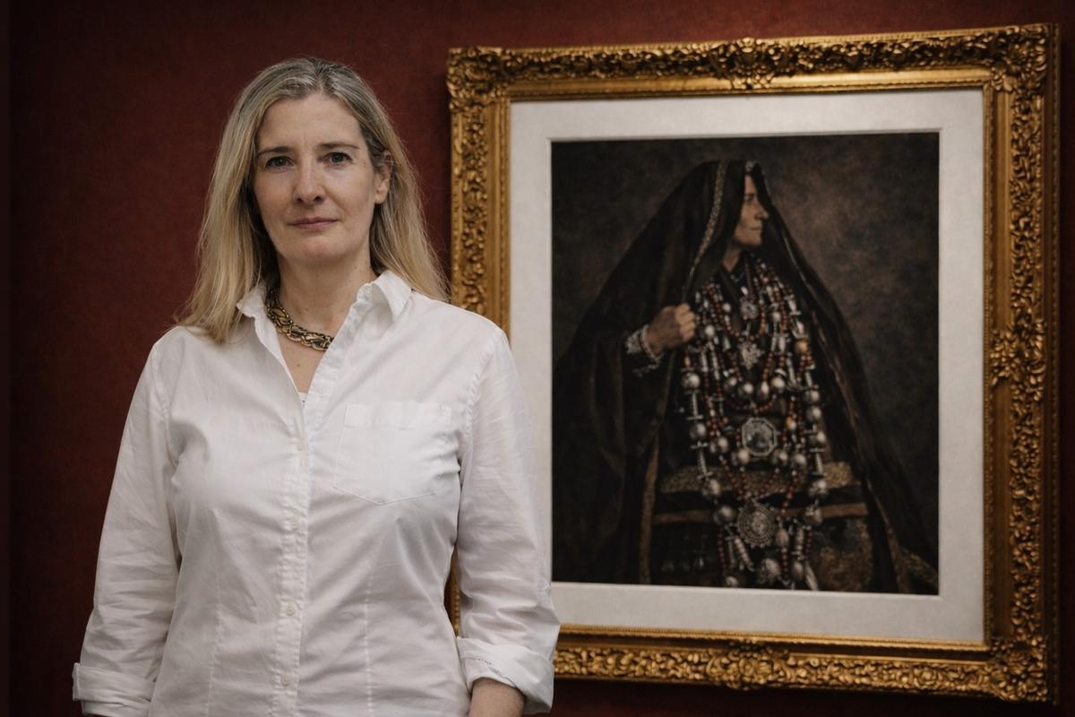 La autora Rosa Gómez junto a uno de sus trabajos