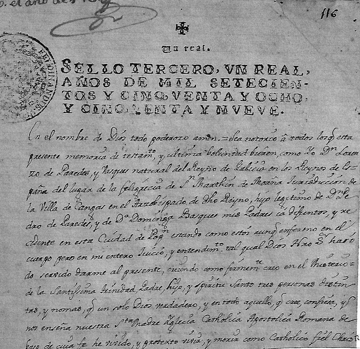 Encabezamento do testamento de Lorenzo de Paredes.   | // UNIVERSIDAD DE CAUCA