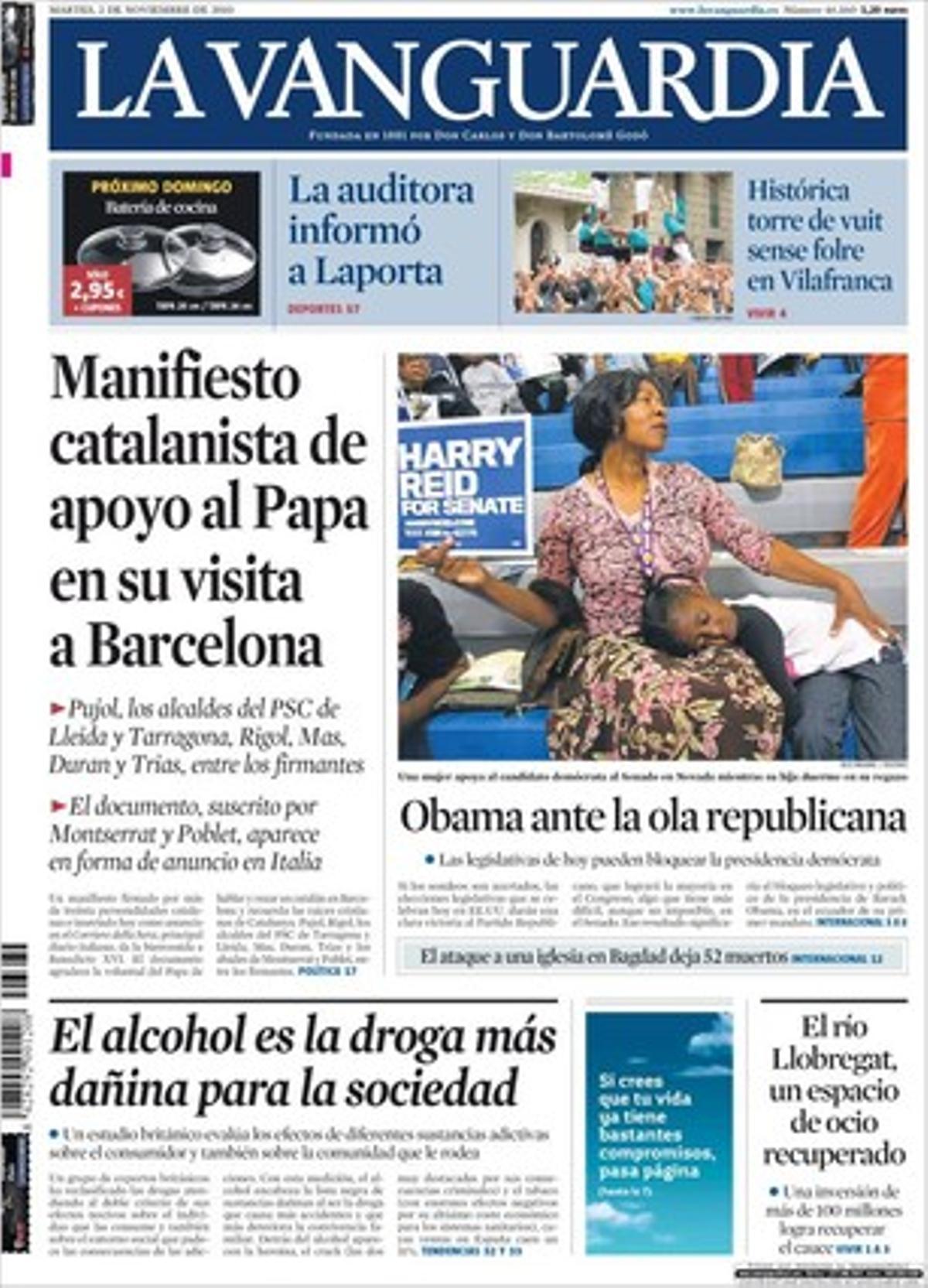 A dins ’La Vanguardia’ destaca la vocació catòlica de Montilla, que estarà en tots els actes del Papa a Barcelona; que els monjos benedictins litigaran amb el Govern perquè aquest té tancats els accessos al Valle de los Caídos des del gener; que la UE demana als Governs que enterrin sota terra, en profunditat i definitivament, les deixalles nuclears que produeixen les centrals; que el Govern català rebutja la llei de costes per a Empuriabrava, on només vol aplicar la de Ports, que és de la seva competència; que la tele de pagament va perdre a Espanya el 2009 un 8,8% dels abonats per la crisi, i que l’Harward Business School desxifra la guerra de preus de Mercadona: la pèrdua de clients, origen del gir estratègic de Juan Roig.