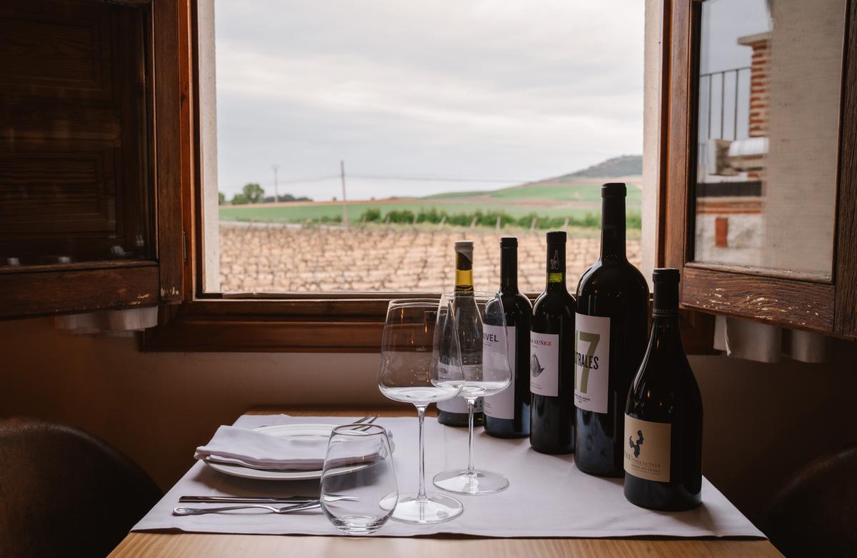 Una de las mesas del restaurante Arrenes, con vistas a los viñedos, en Burgos.