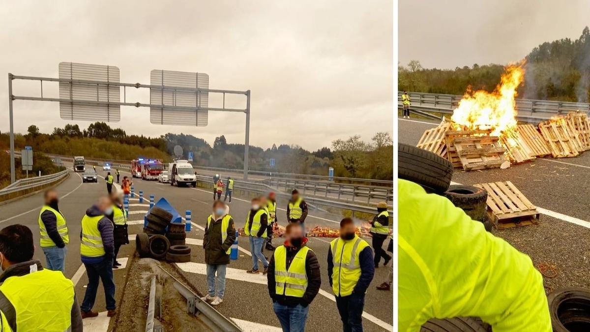 Lss manifestantes cortan la autovía A-8 en Lugo, con barreras de fuego hechas con palés.