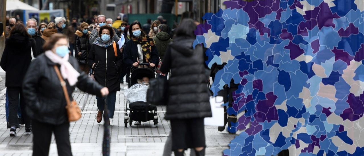 Imagen de fondo: gente con mascarilla paseando por una calle de Pontevedra