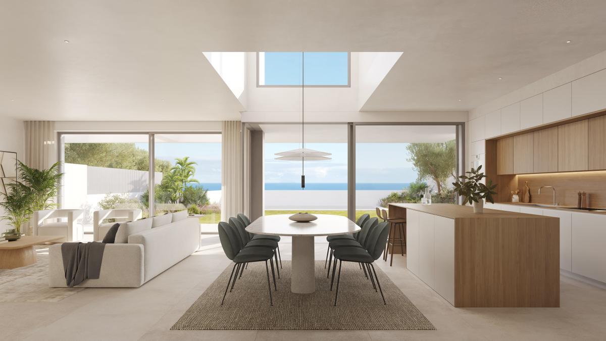 Salón con comedor y cocina integrada de las futuras viviendas de la nueva promoción Singulare de AEDAS Homes en Las Palmas de Gran Canaria.