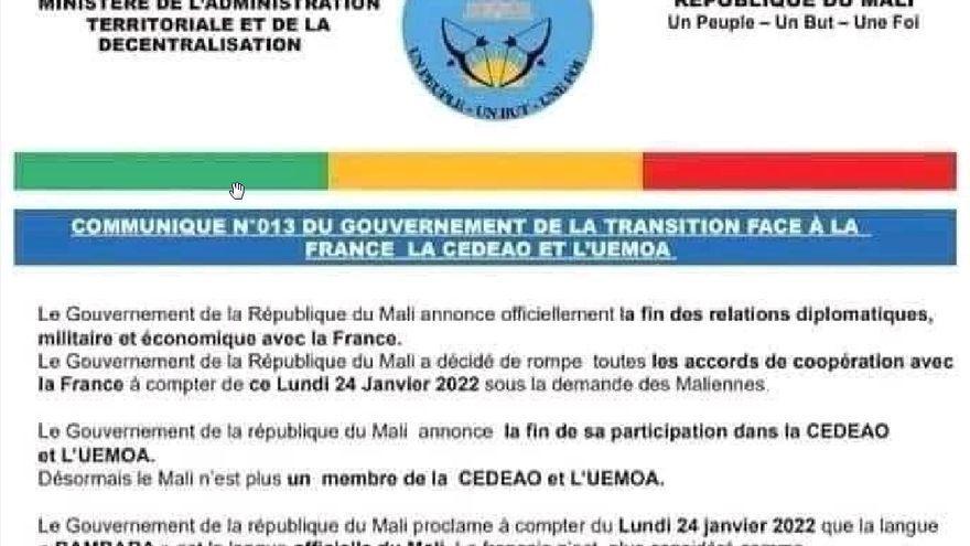 Comunicado falso difundido anónimamente en Mali el 23 de enero, durante el golpe de Estado en el vecino Burkina Faso. Fuentes militares españolas lo atribuyen a maniobras rusas de desinformación.