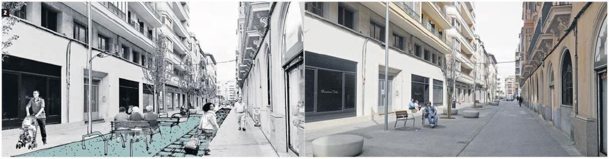 Propuesta de Arquitectives para hacer Costa i Llobera ‘más amable’ y foto de cómo es ahora.