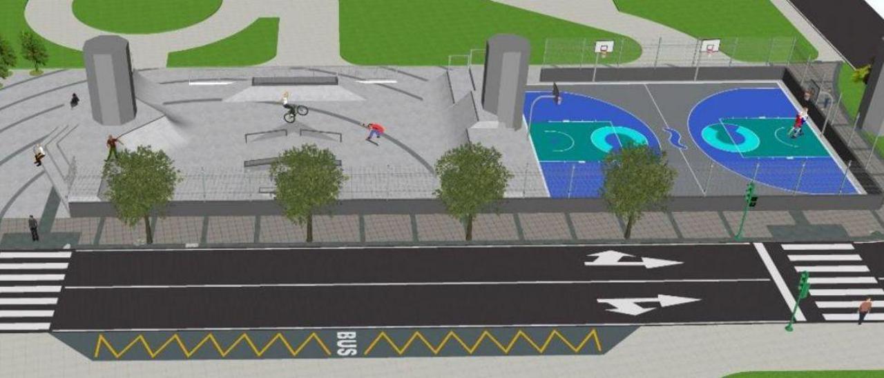 Infografía del proyecto de pista de skate y multideporte de la plaza José Toubes.