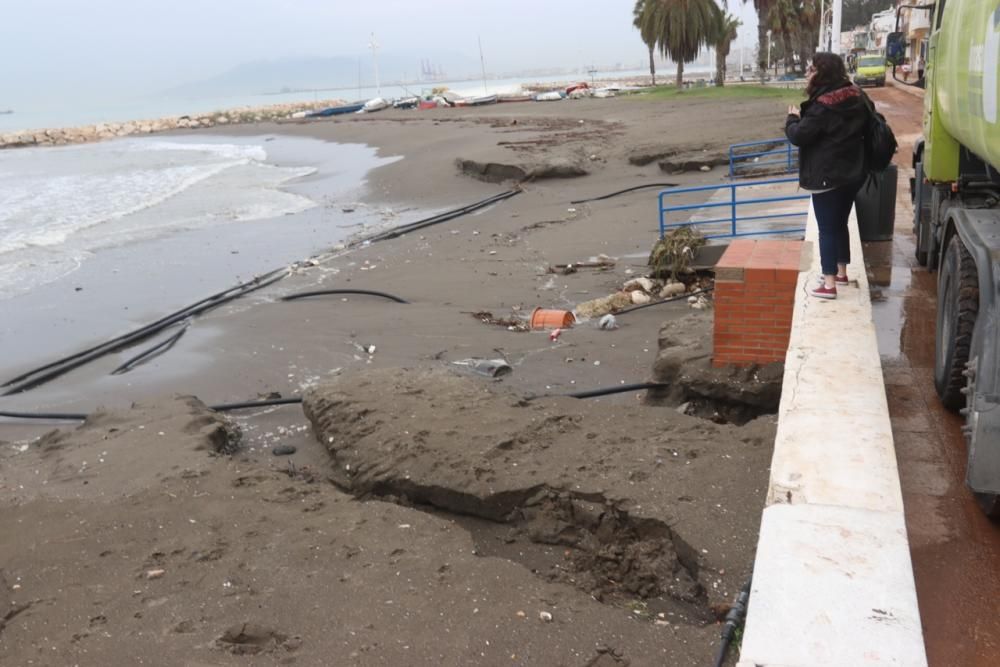 Operarios municipales trabajan limpiando y adecentando las calles y el paseo marítimo de Pedregalejo.