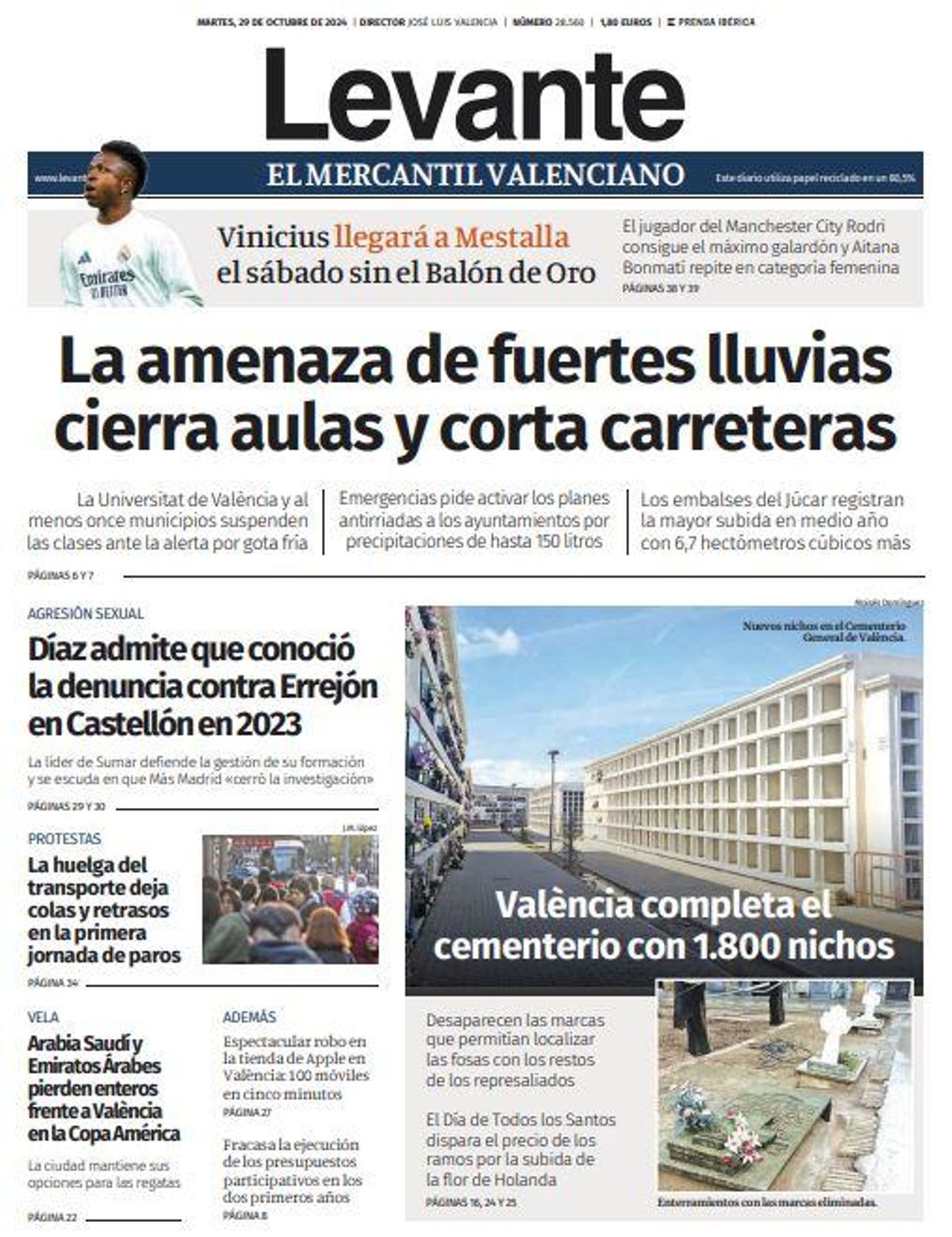 Portada de Levante EMV el 29 de octubre.