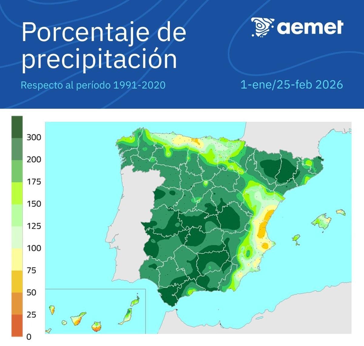 Precipitación acumulada en España de enero-febrero de 2026 en comparación con el período 1991-2020