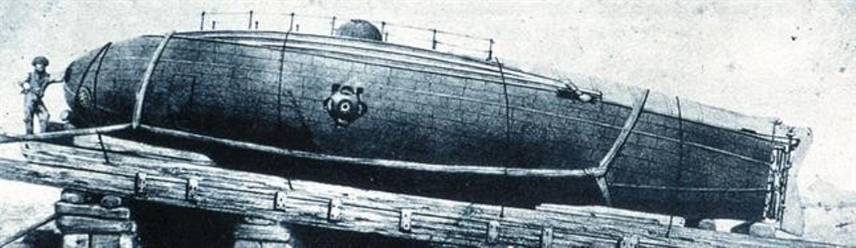 Dibuix de l’avarada a Barcelona de l’’Ictíneo I’, el primer dels dos submarins de Monturiol, el 1859.
