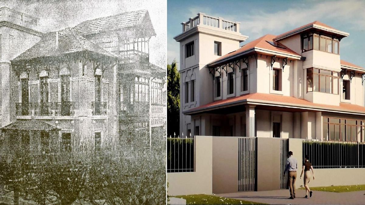 El chalé de El Bibio con su aspecto original ,  a la izquierda, y su proyecto de reconstrucción según aparece en la valla de obra.