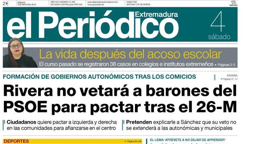 Esta es la portada de EL PERIÓDICO EXTREMADURA correspondiente al día 4 de mayo del 2019