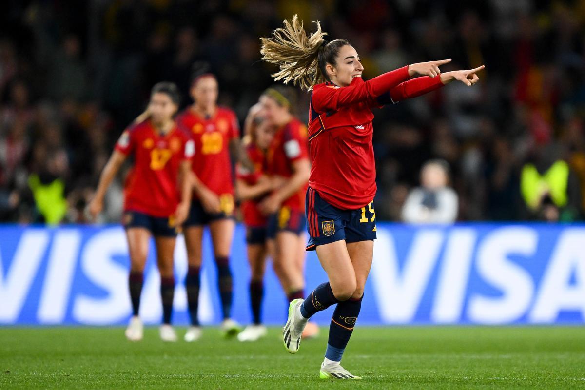 Sydney (Australia), 20/08/2023.- Olga Carmona of Spain celebrates after scoring a goal during the FIFA Women’s World Cup 2023 Final soccer match between Spain and England at Stadium Australia in Sydney, Australia, 20 August 2023. (Mundial de Fútbol, España) EFE/EPA/DEAN LEWINS AUSTRALIA AND NEW ZEALAND OUT