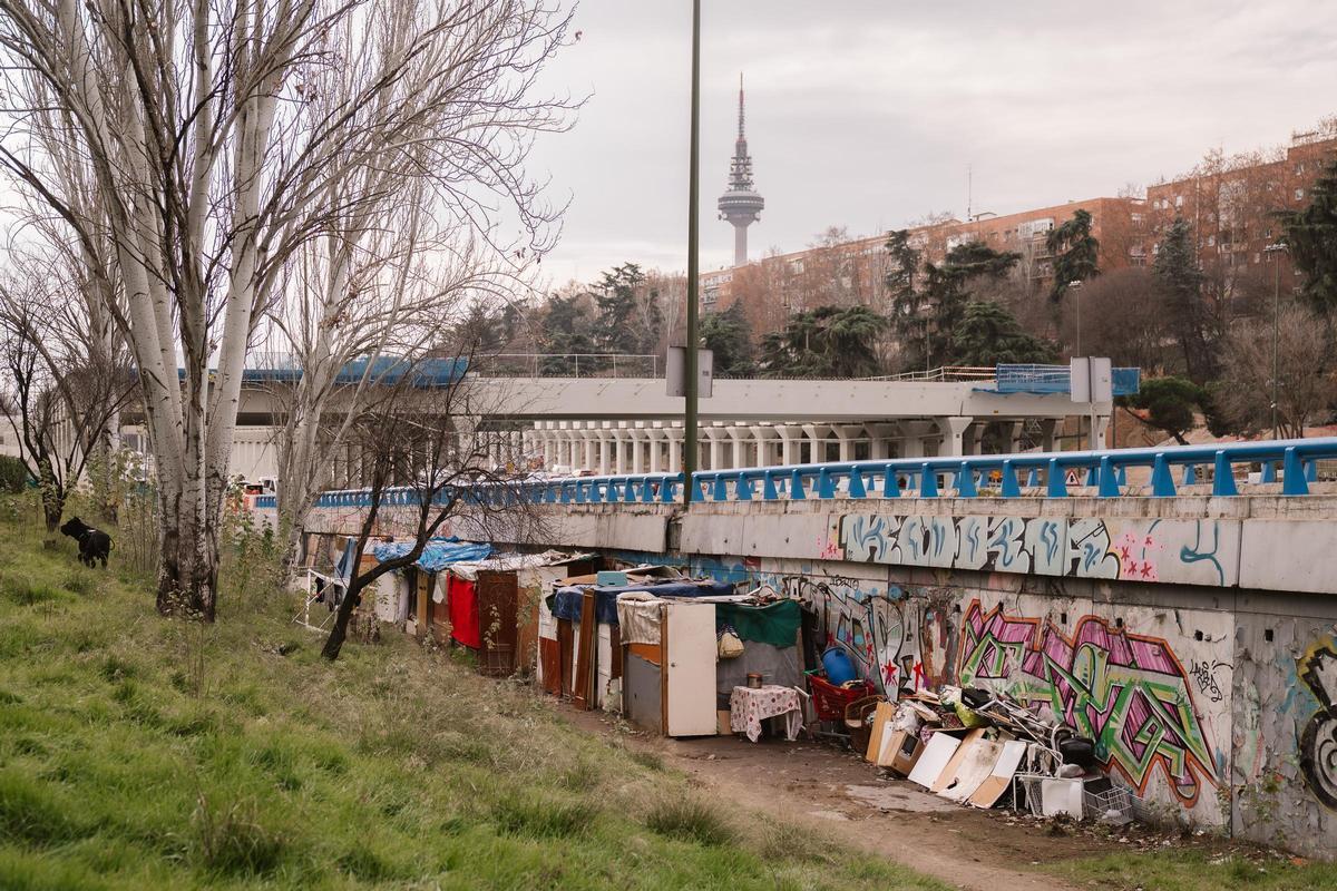 El asentamiento ilegal con los pilotes de Parque Ventas al fondo.