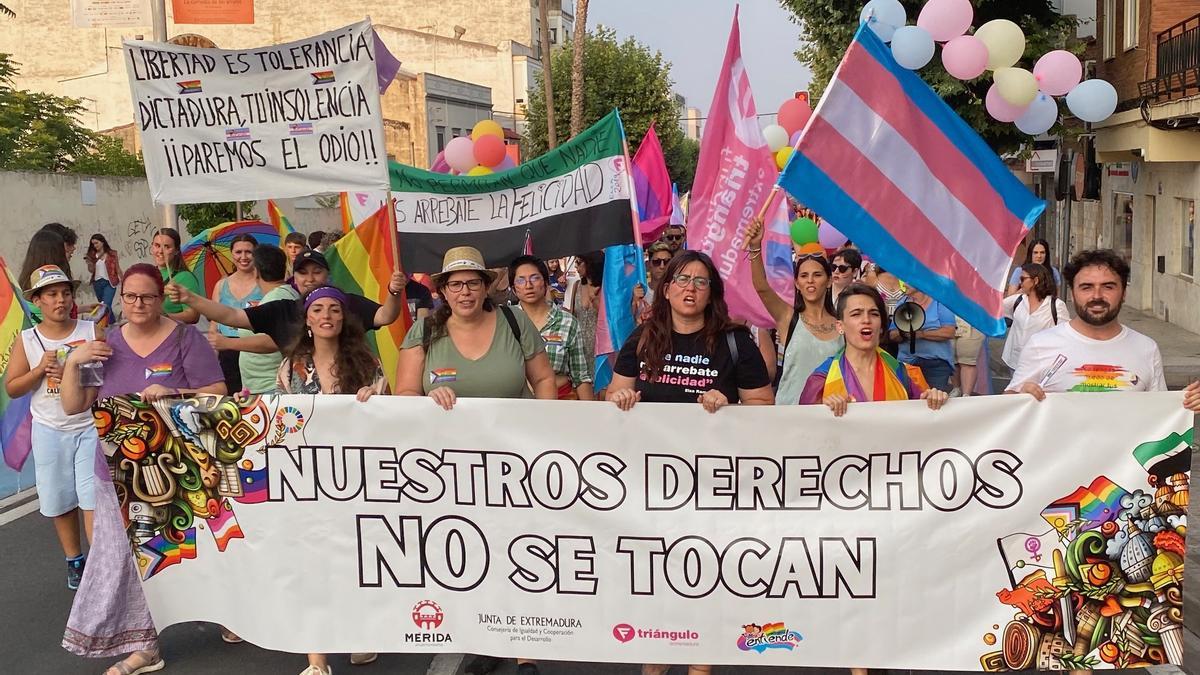 La cabecera de la manifestación del Orgullo LGTBI, este miércoles en Mérida.