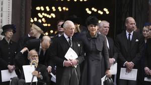 Britains King Charles III and Sophie Winkleman leave after the Requiem Mass service for the Duchess of Kent, at Westminster Cathedral, in London, Tuesday, Sept. 16, 2025. (Jordan Pettitt/Pool Photo via AP). POOL PHOTO