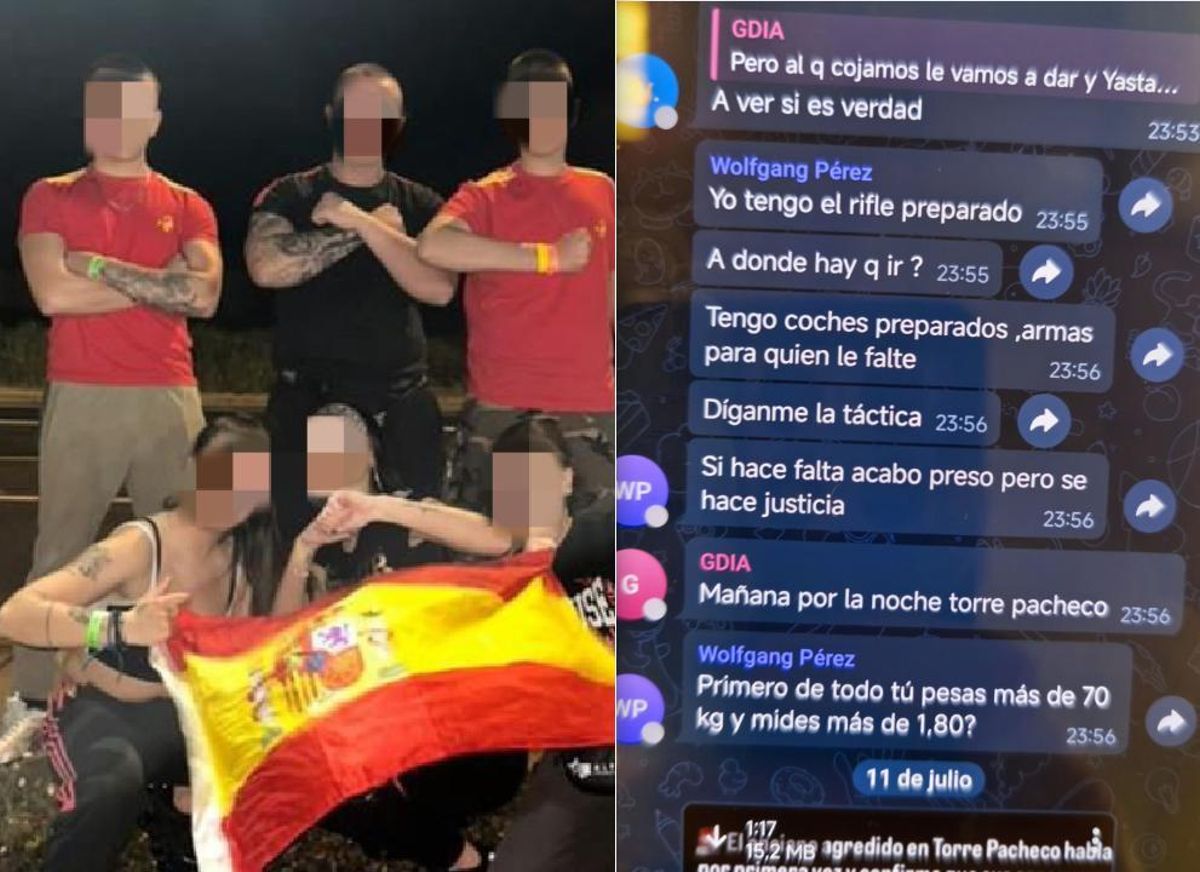 A la izquierda, seguidores de música hardcore de Catalunya en una performance para redes sociales. A la derecha, un chat de seguidores de la plataforma montada supuestamente por el ultra detenido en Mataró