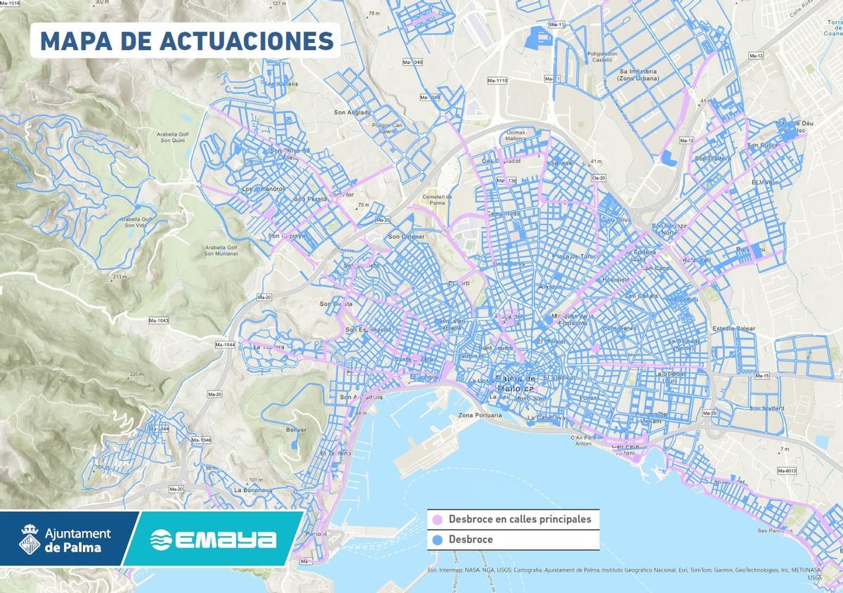Mapa de las actuaciones de desbroce llevadas a cabo por Emaya durante el último ejercicio.