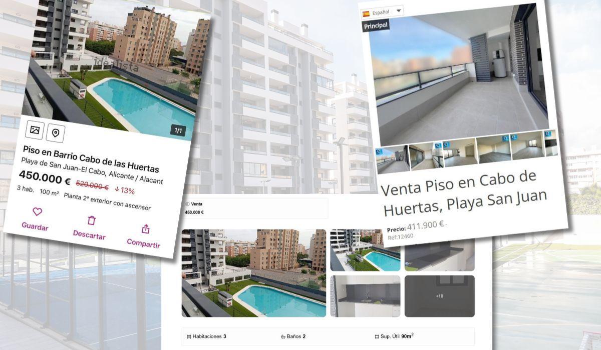 Anuncios en portales inmobiliarios de las polémicas viviendas protegidas en Alicante.