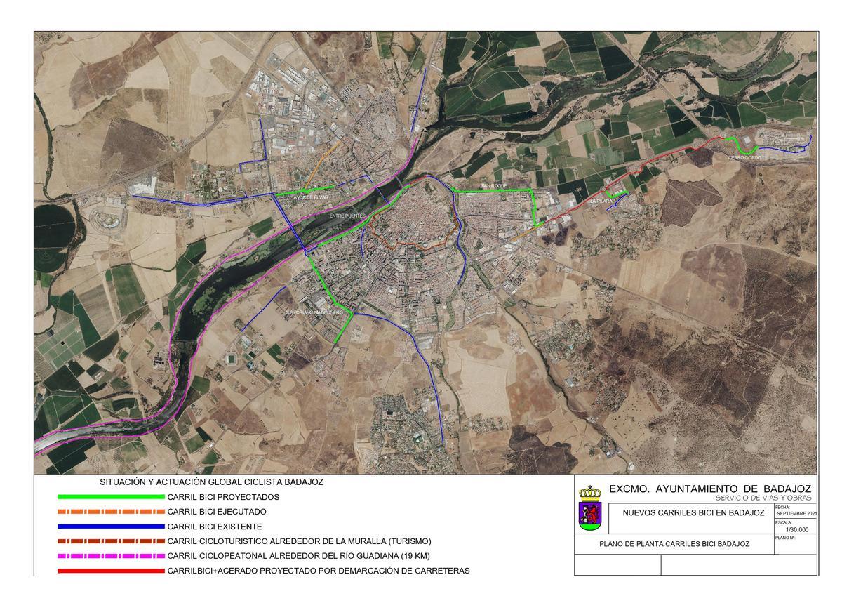 Mapa de la situación global que presenta actualmente el carril bici en Badajoz.