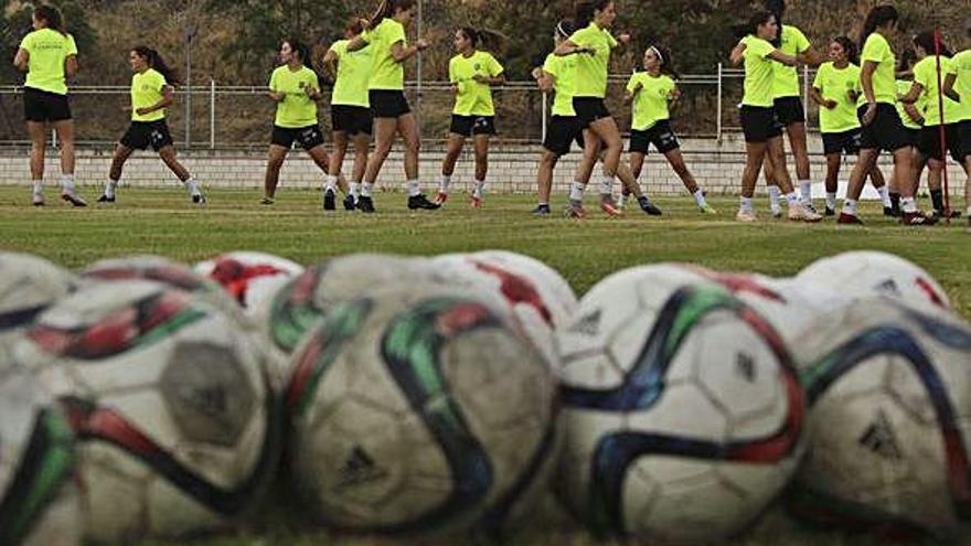 La plantilla del Amigos del Duero realiza ejercicios de calentamiento.