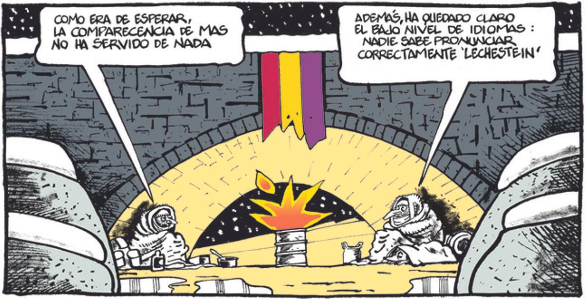 11 de febrero del 2015. Viñeta de Ferreres que muestra a dos mendigos comentando que Artur Mas ha comparecido en el Parlament sin que su declaración sirva de nada.