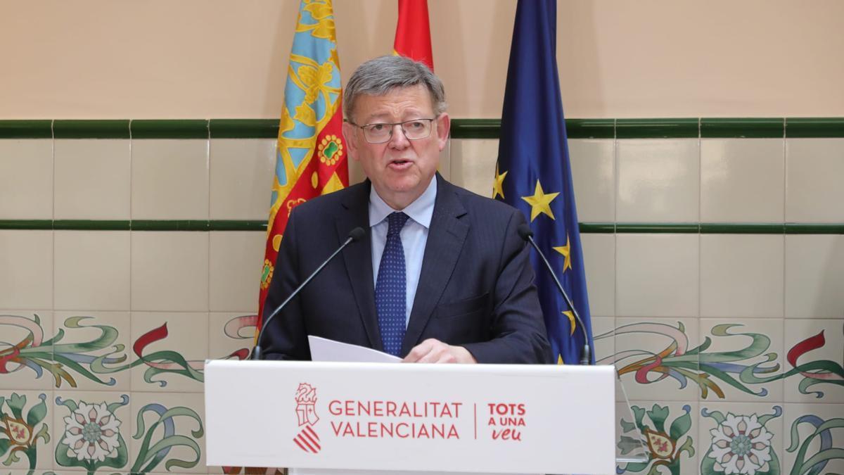 Ximo Puig durante su intervención sobre el trasvase del Tajo-Segura el día en el que la Generalitat ha presentado el recurso al Supremo.