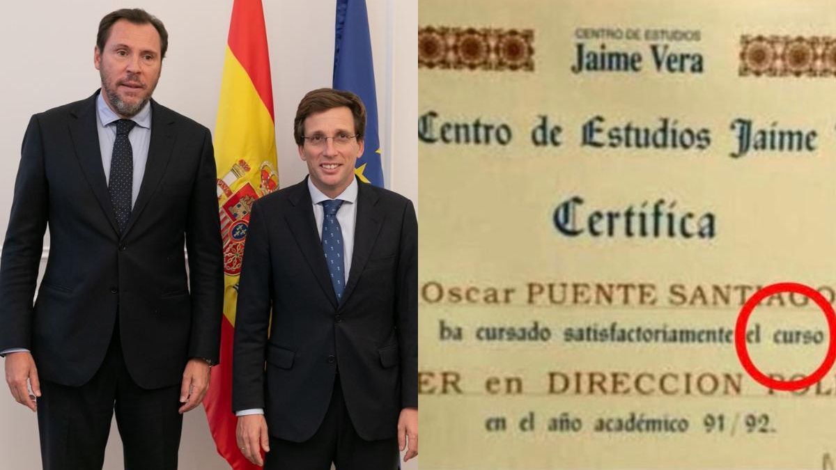 Óscar Puente y José Luis Martínez-Almeida, junto a la foto del diploma compartida por el alcalde de Madrid.