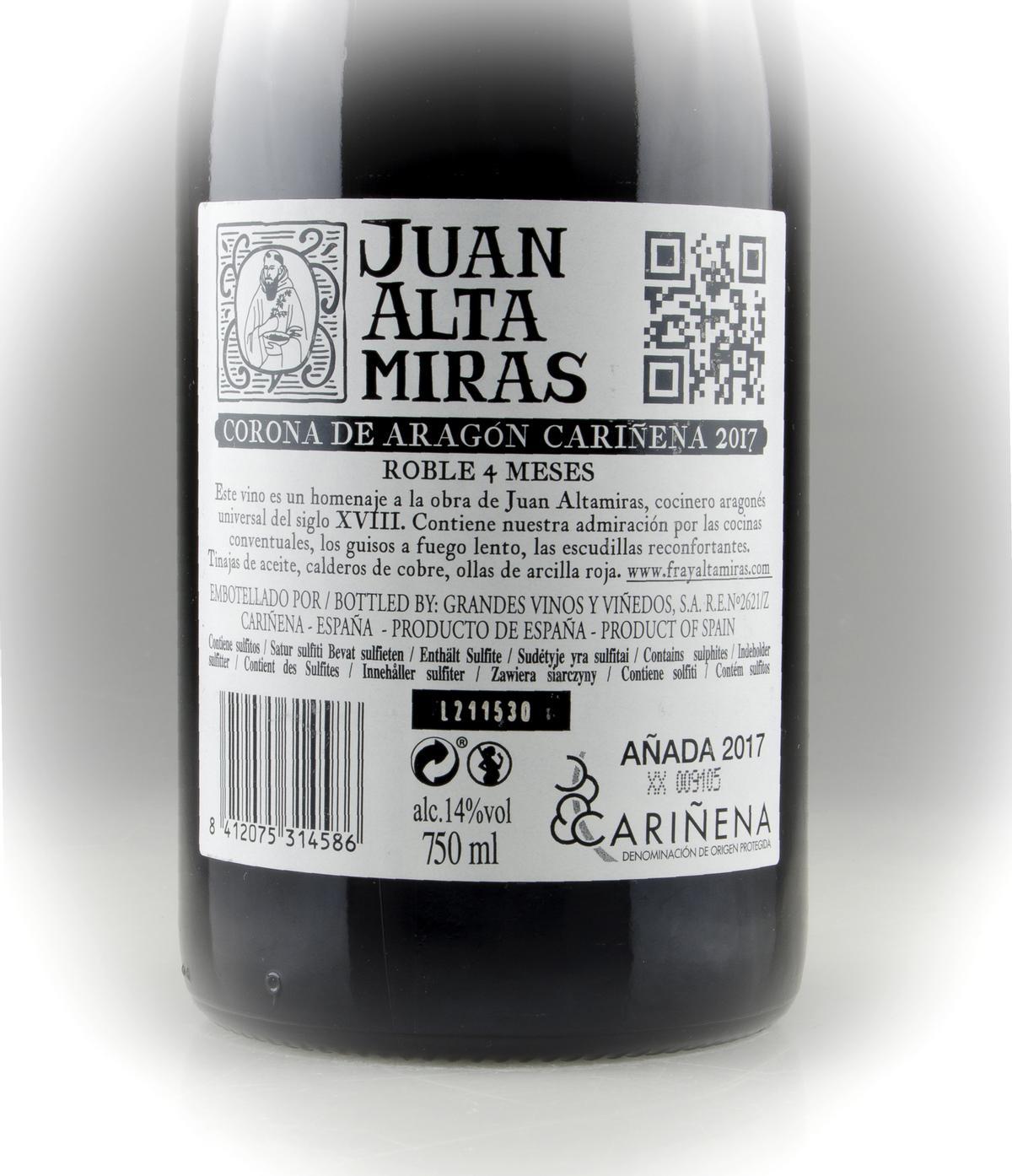 Etiqueta del vino homenaje al cocinero aragónes Juan Altamiras, comercializado por Grandes Vinos, de la DOP Cariñena