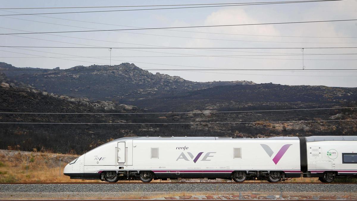 Un tren de alta velocidad a su paso por el municipio ourensano de A Gudiña