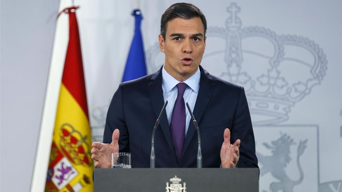 El presidente, Pedro Sánchez, esta mañana, durante su comparecencia ante los medios.